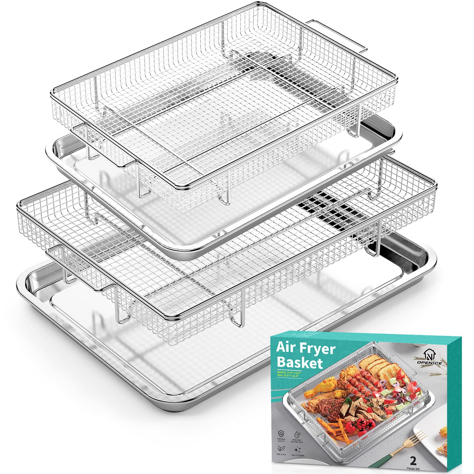 2-Piece Stainless Steel Air Fryer Basket & Crisper Tray Set for Oven with Air Fry Function (15.4