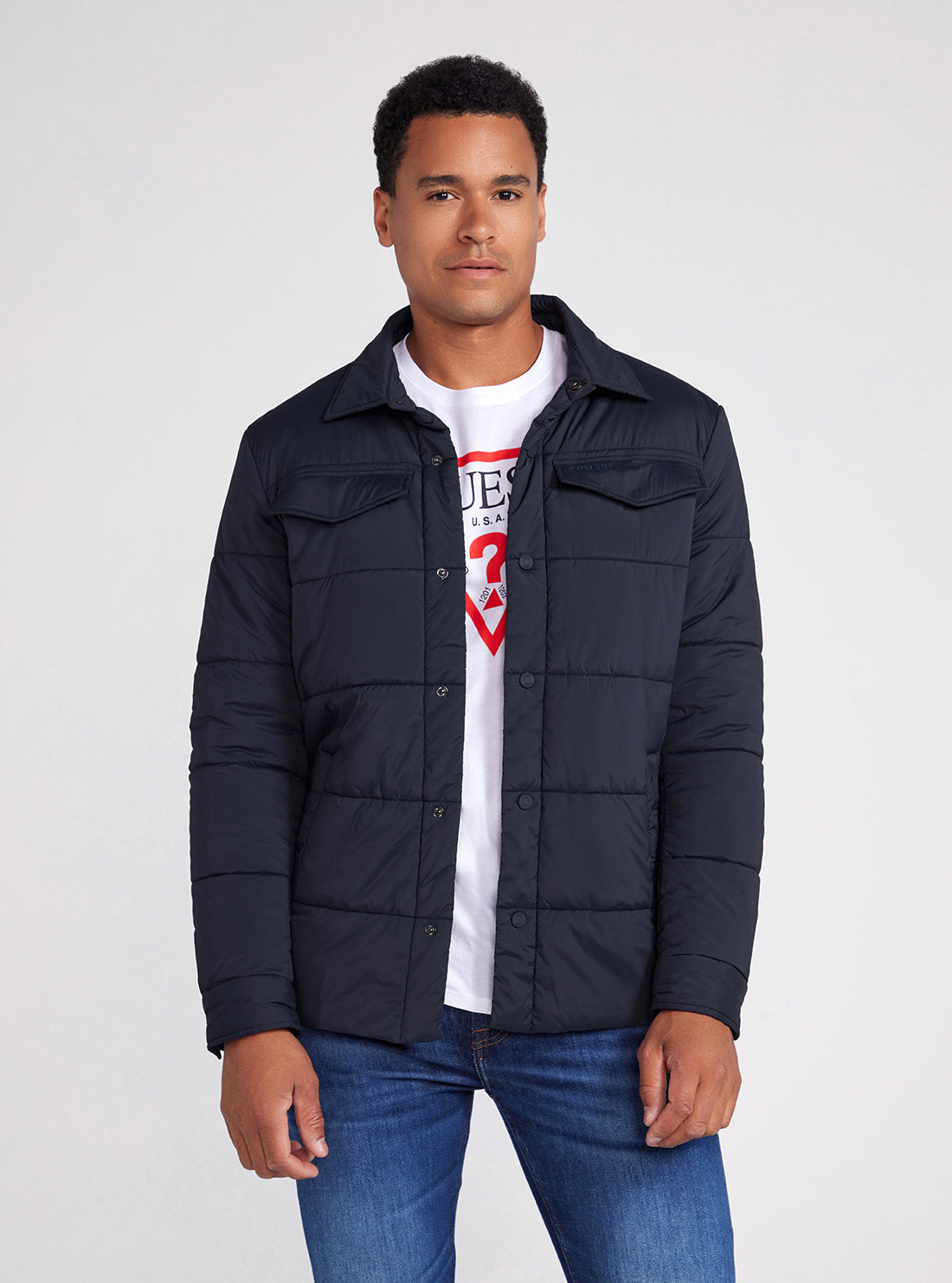 Eco-Friendly Navy Blue Quilted Tech Shacket Jacket for Men & Women - Stylish Outerwear for Fall & Winter Fashion