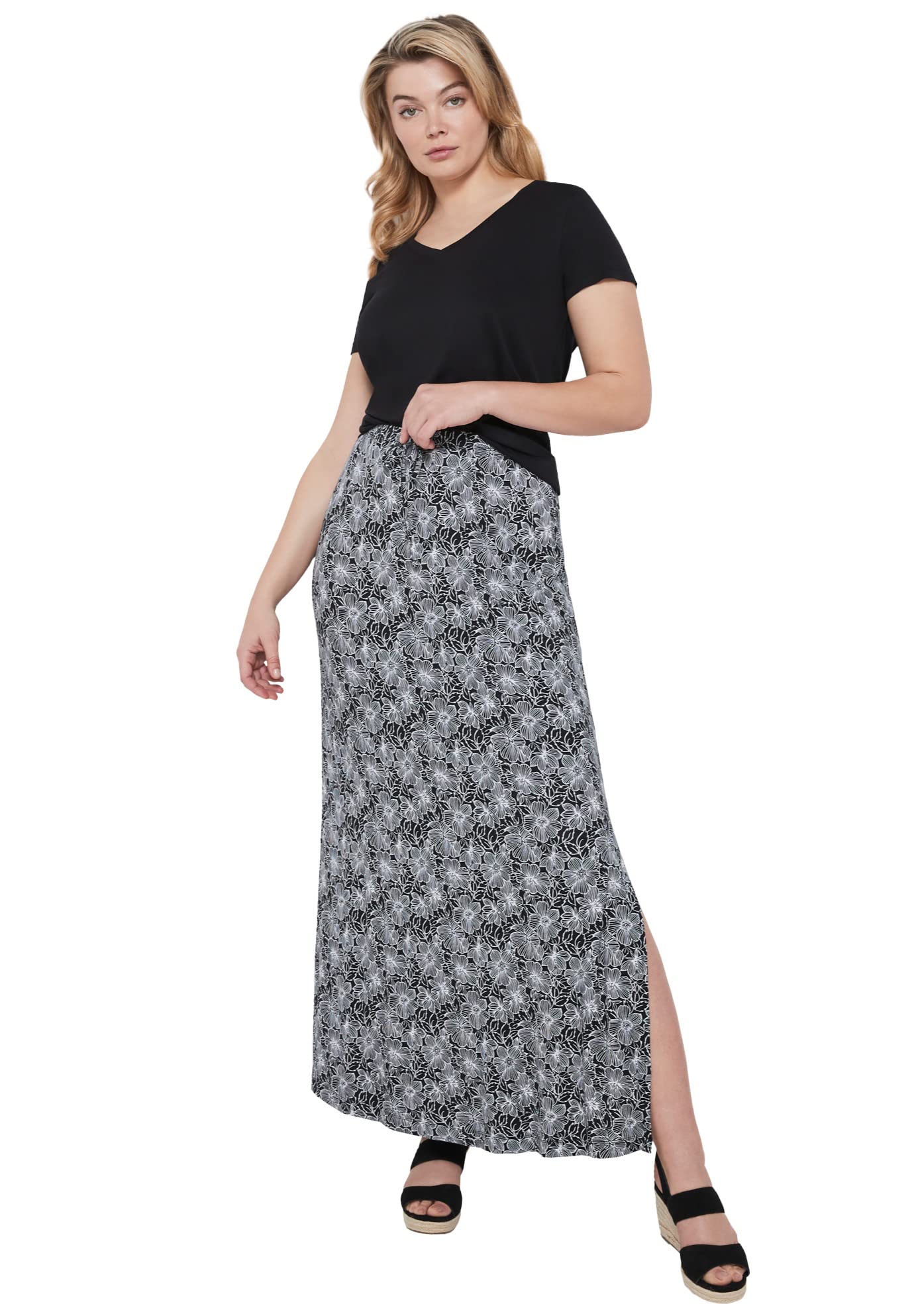 Ellos Women's Plus Size Knit Maxi Skirt - Stretchy Flowy Long Skirt for Casual & Summer Outfits | Perfect for Beach, Vacation & Boho Style
