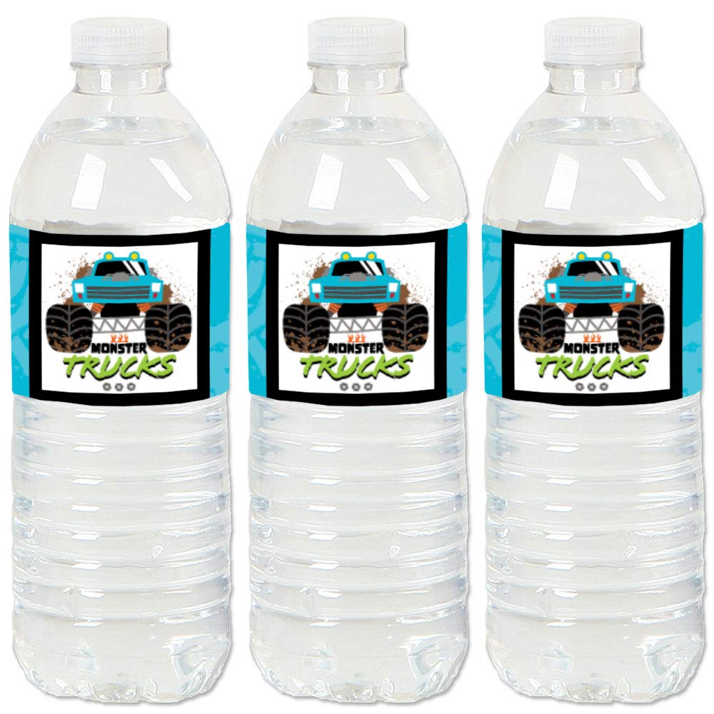 Big Dot of Happiness Smash and Crash Monster Truck Birthday Party Stickers - 20-Pack Water Bottle Labels for Boys - Perfect for Kids' Birthday Parties, School Events & DIY Crafts