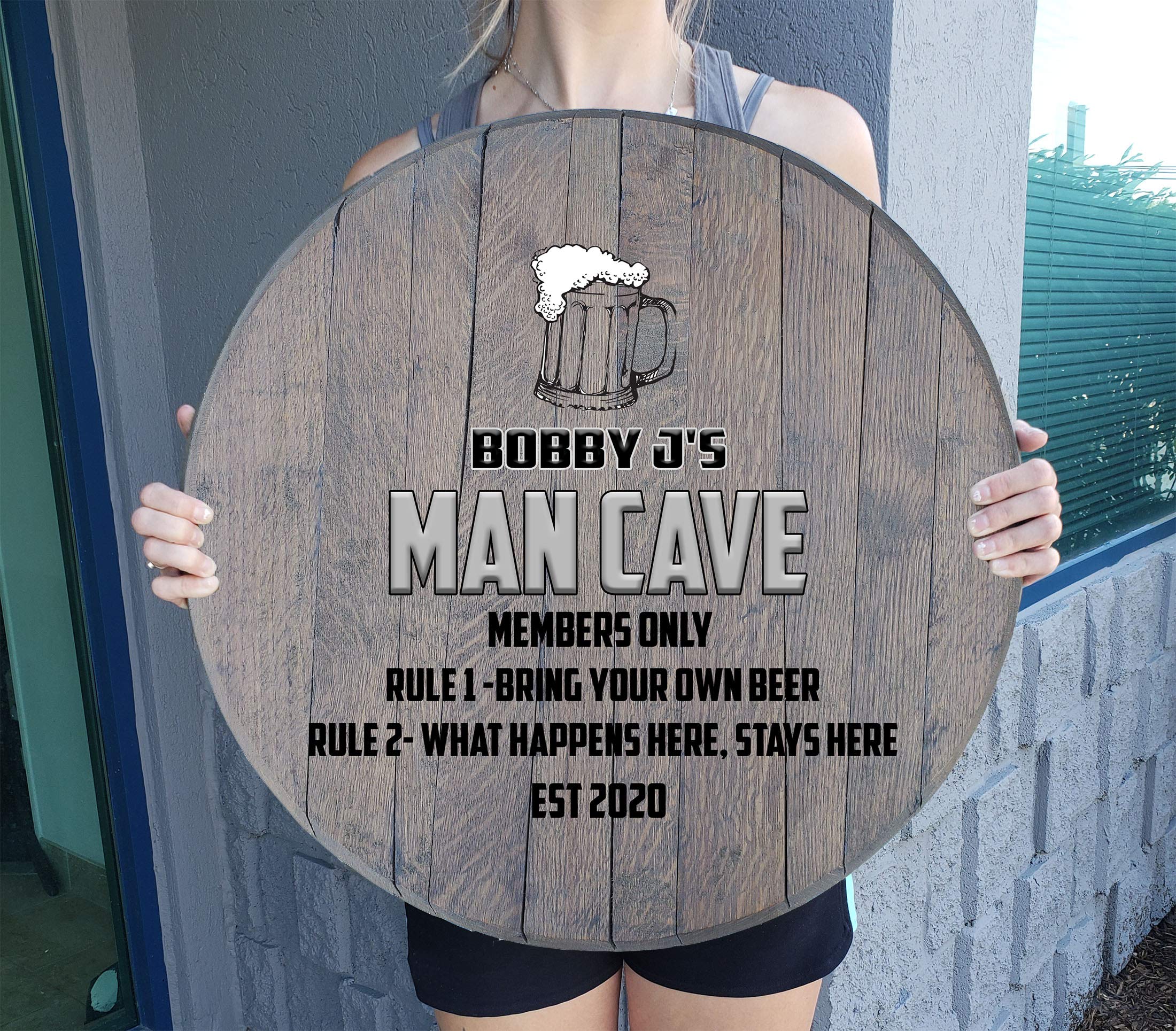 Man Cave Members Only BYOB Rules - Rustic Barnwood Gray Wall Decor Sign for Whiskey Barrel Lid - Perfect for Home Bar, Basement, Garage & Man Cave Decor