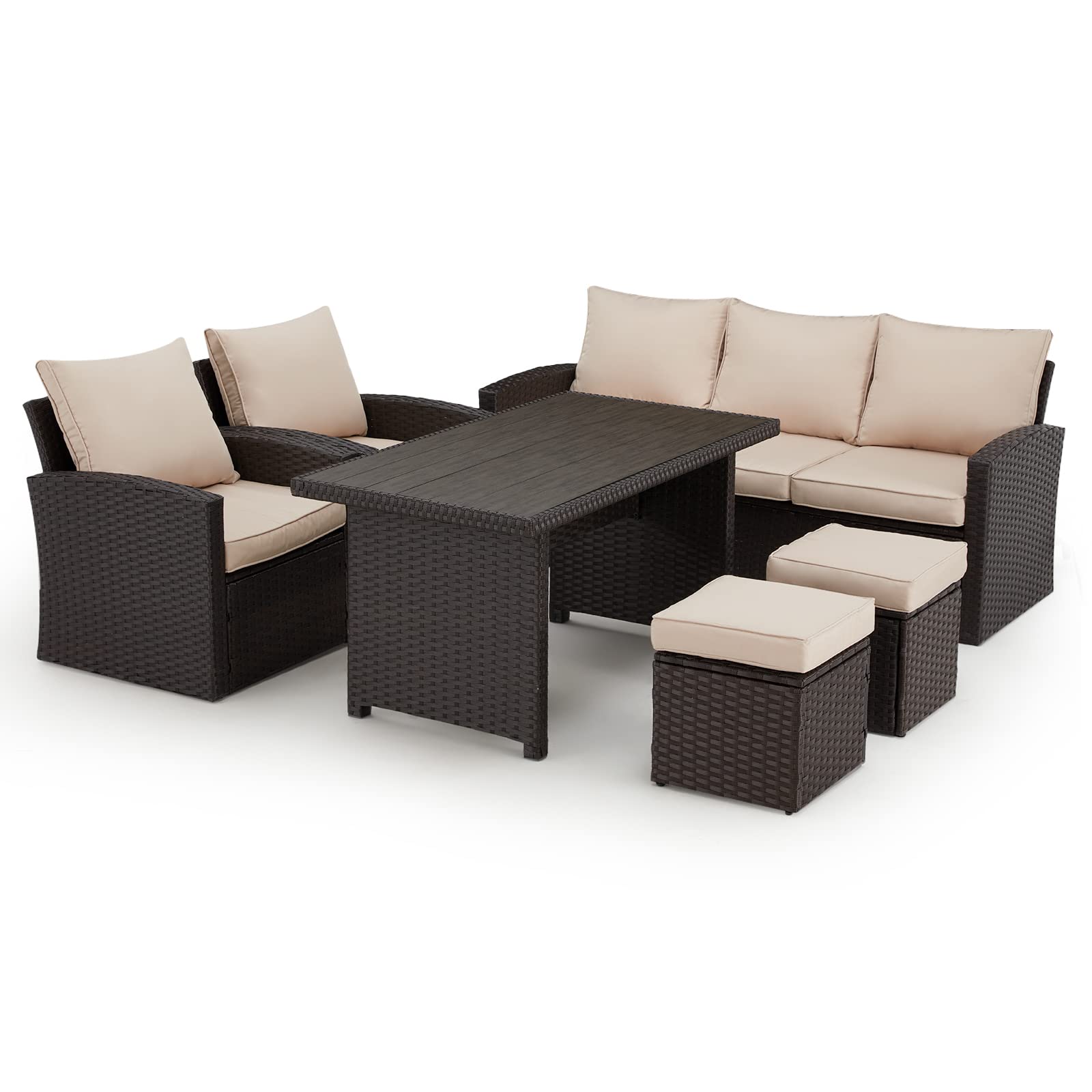**Vicluke 7-Piece Outdoor Patio Furniture Set, All-Weather Wicker Rattan Sectional Sofa with Dining Table, Chairs & Ottoman - Beige - Perfect for Backyard, Garden, Poolside & Patio Relaxation**