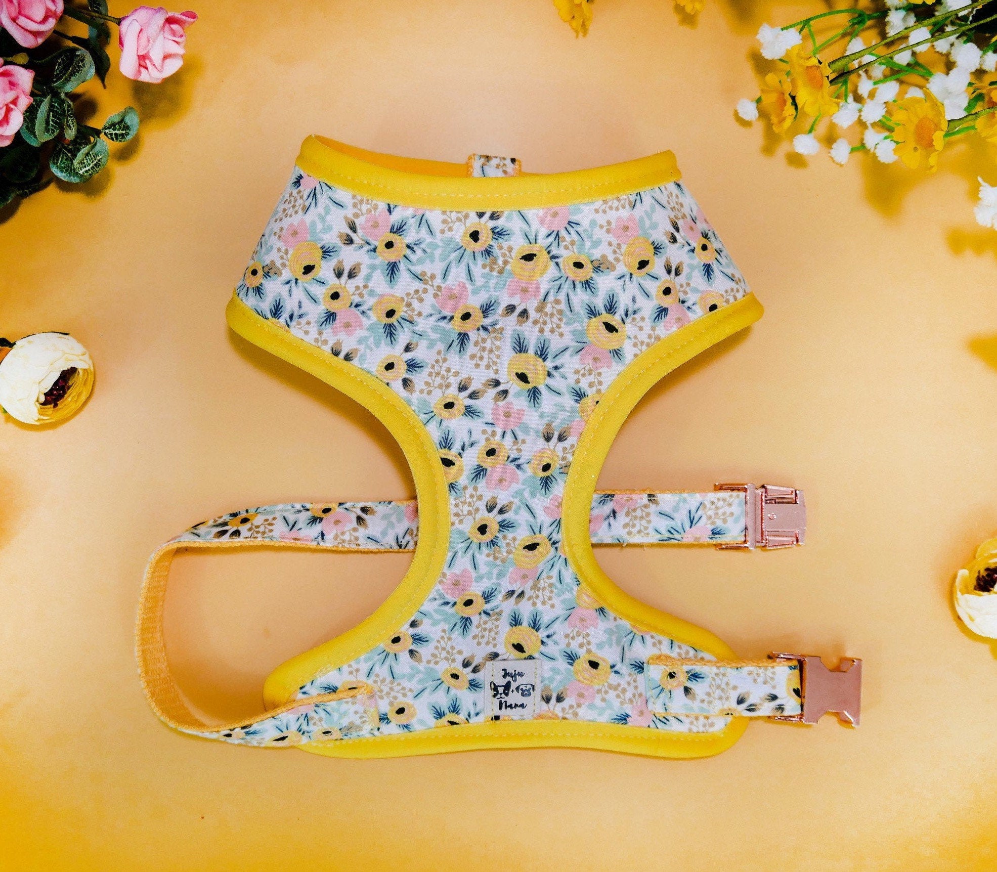 Rifle Paper Co Dog Harness - Adjustable Pet Vest with Rosa Yellow Floral Design for Small Medium Large Dogs - Perfect for Walks, Hiking & Outdoor Adventures