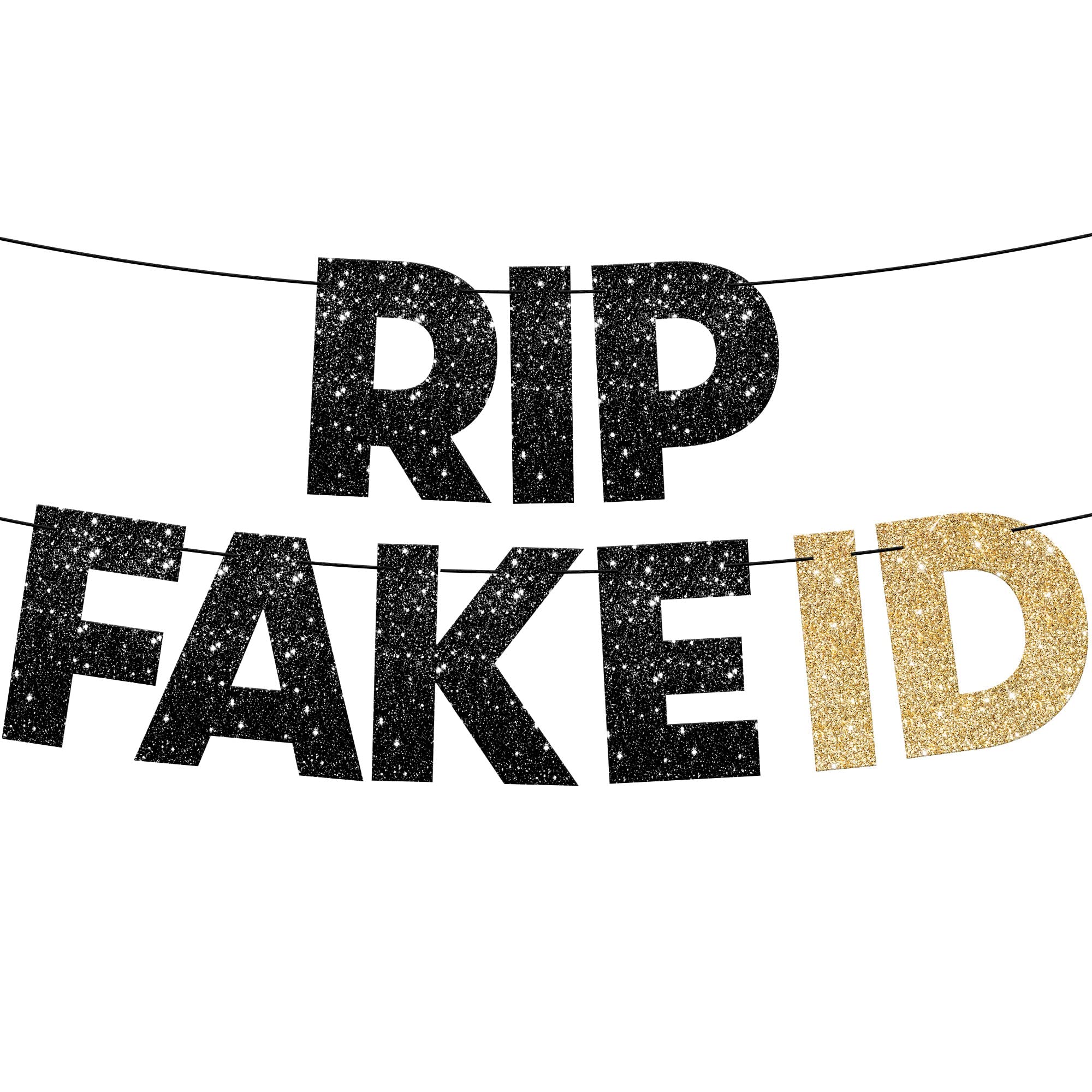 KatchOn Glitter RIP Fake ID Banner Black and Gold - 10ft Prestrung Birthday Decor | Perfect for 21st Birthday Party, Golden Themed Decorations for Him | Ideal for Birthday Celebrations, Home & Party Decor