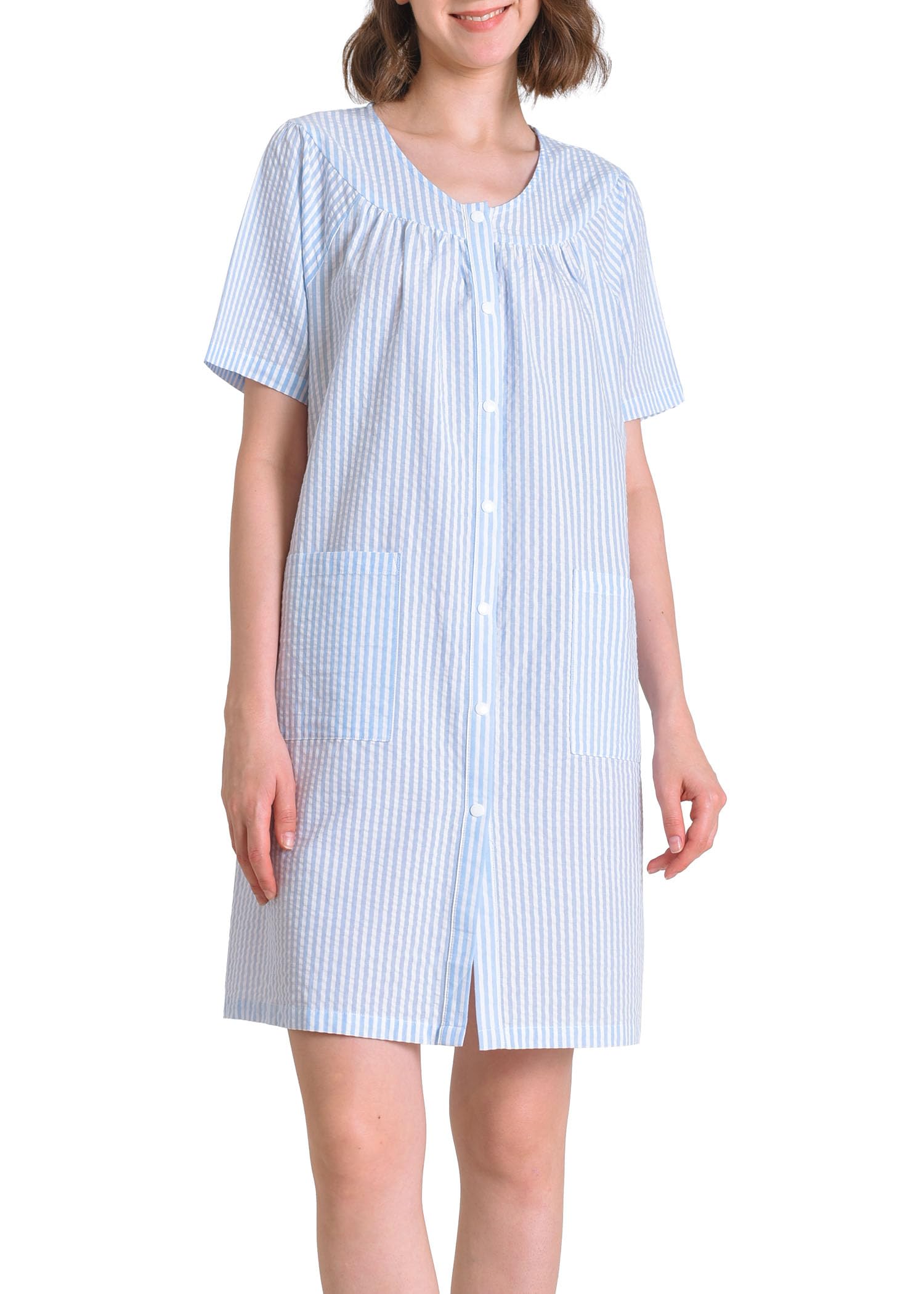 Women's Soft Seersucker Robe - Cotton Snap Front Duster Housecoat for Loungewear, Spa & Relaxation at Home