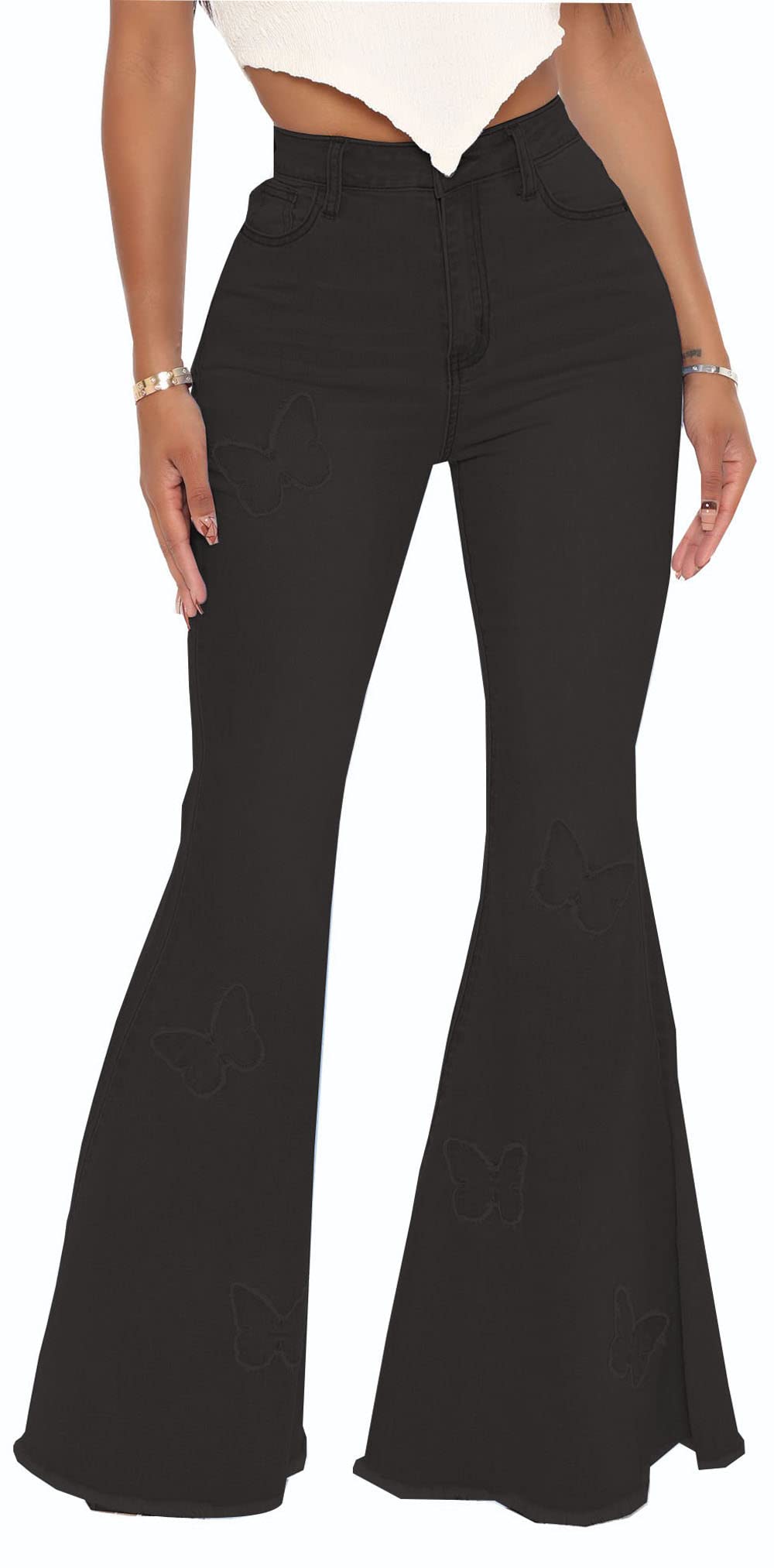 Women's High Waist Bell Bottom Jeans - Vintage Ripped Flare Denim Pants with Stretchy Elastic Waist & Raw Hem for Casual Outfits and 70s Retro Style