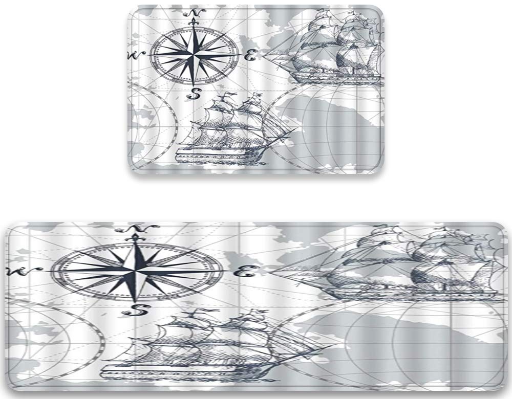 HATESAH Anti-Fatigue Kitchen Rug Set of 2 - Non-Slip Waterproof Floor Mats with Sailboat Compass Design, Cushioned Comfort for Standing - Perfect for Kitchens, Laundry Rooms & High-Traffic Areas
