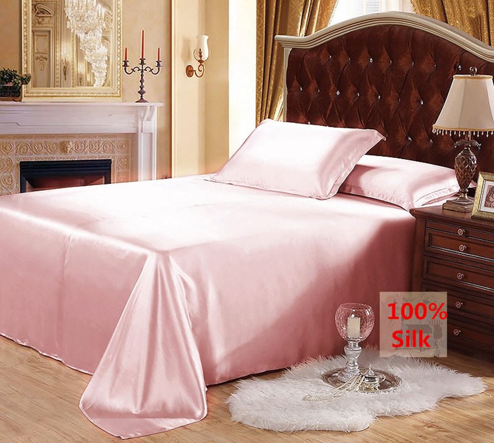 MAXFEEL 100% Mulberry Silk Flat Sheet - Hypoallergenic Twin Size Silk Bed Sheet for Skin Care & Better Sleep (Pink) - Perfect for Luxury Bedding, Spa Nights & Sensitive Skin