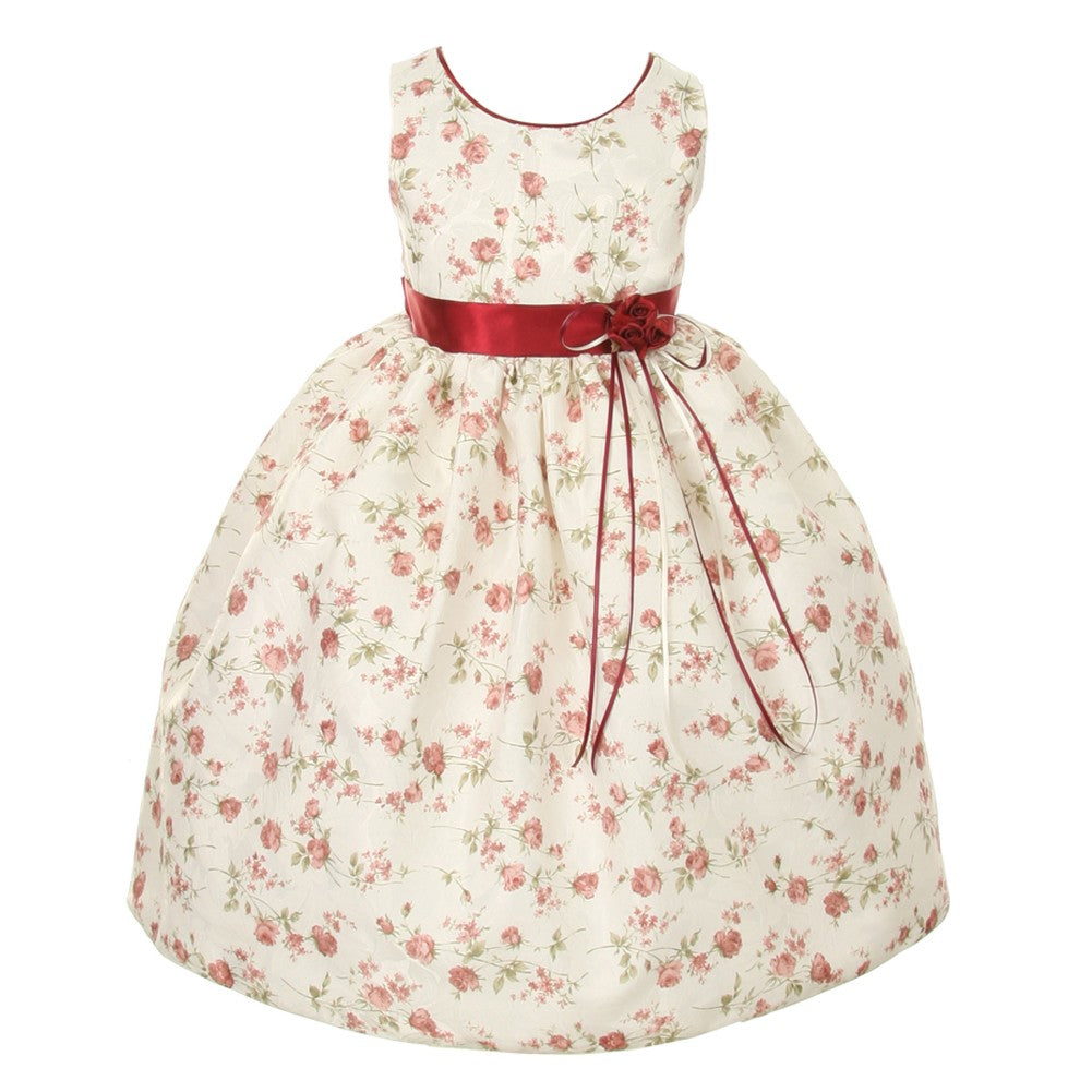 Big Girls Burgundy Jacquard Floral Printed Satin Sash Easter Dress Size 8-12 | Elegant Party Gown for Spring Celebrations, Church Events & Special Occasions