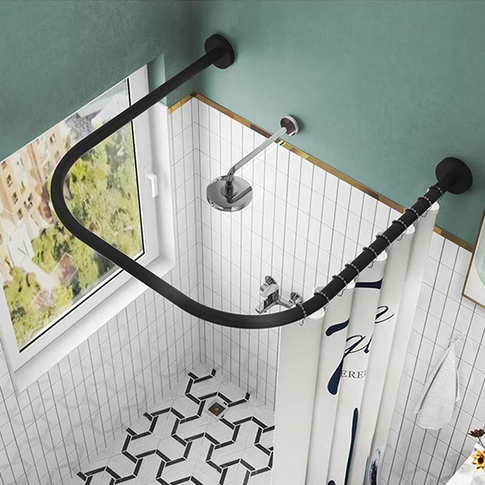 ZAIGI No-Drill U-Shaped Stainless Steel Corner Shower Rod - Adjustable Telescopic Bathroom Curtain Rod for Bathtub & Changing Room | Perfect for Small Bathrooms & Corner Showers