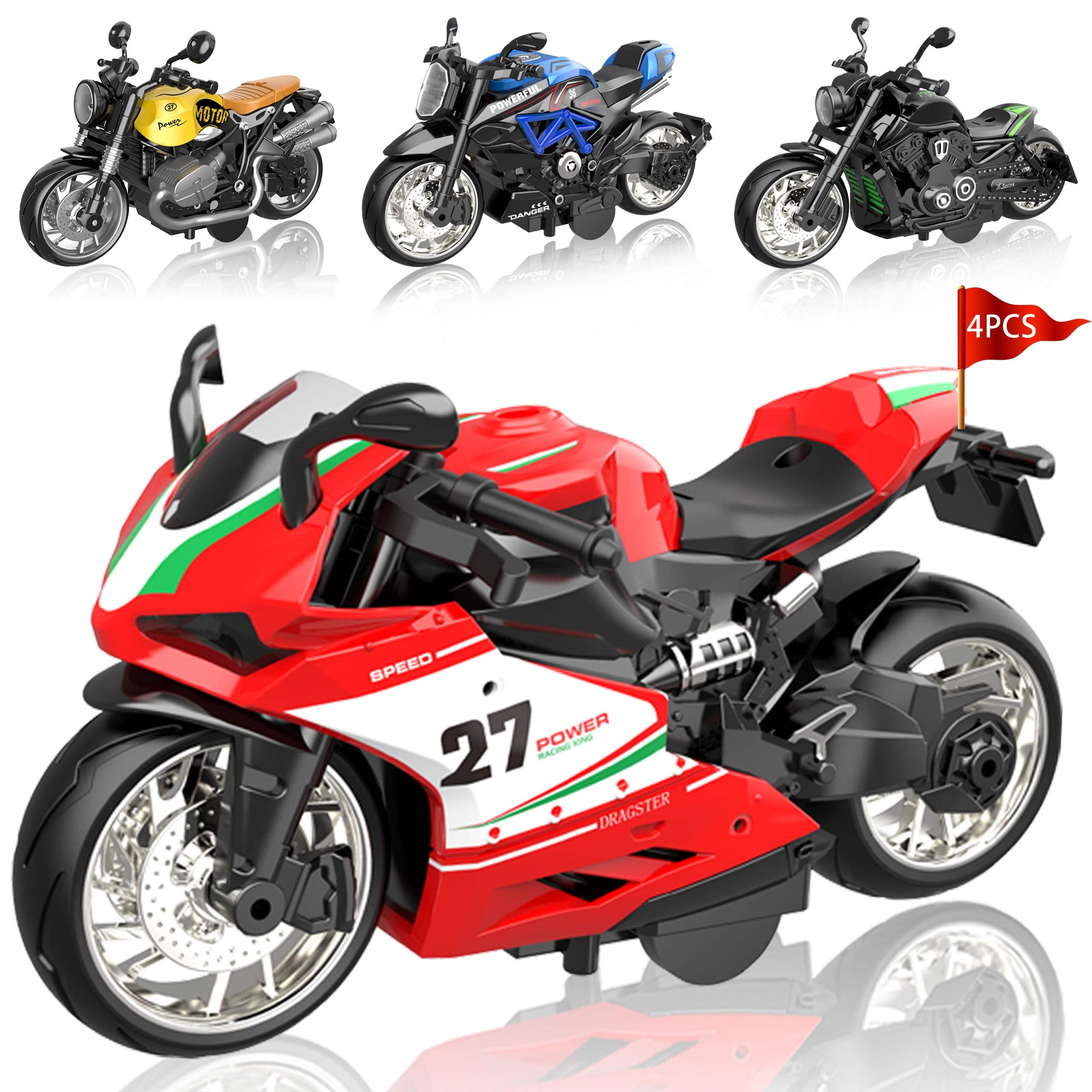 4 Pack Mini Toy Motorcycles - Friction Powered Kids Ride-On Toys with Realistic Sounds & LED Lights, Toddler Motorcycle Toys for Boys & Girls Age 3+, Perfect for Birthday Gifts & Pretend Play Adventures