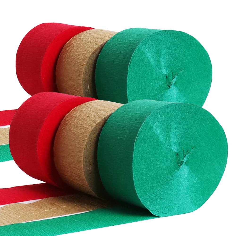 Christmas Crepe Paper Streamers - 6 Rolls (490 Feet Total) for Party Decorations - Red, Gold & Green Hanging Decor - DIY Wall Art Supplies for Holiday Parties, Home Decor & Craft Projects