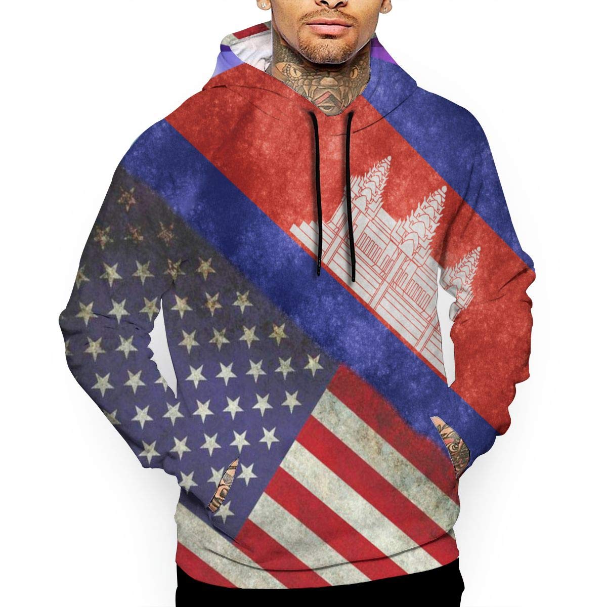 Retro American & Cambodian Flag Unisex Hoodie - Vintage Style Pullover Sweatshirt for Men & Women | Casual Streetwear, Festival Outfit, Travel Jacket