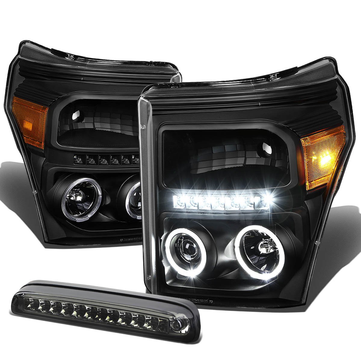 Ford Super Duty 3rd Gen Black Amber Halo Projector Headlights + Smoked LED 3rd Brake Light Kit - Compatible with 2017-2022 F-250/F-350/F-450 - Enhanced Night Visibility & Style Upgrade for Off-Road & Truck Enthusiasts