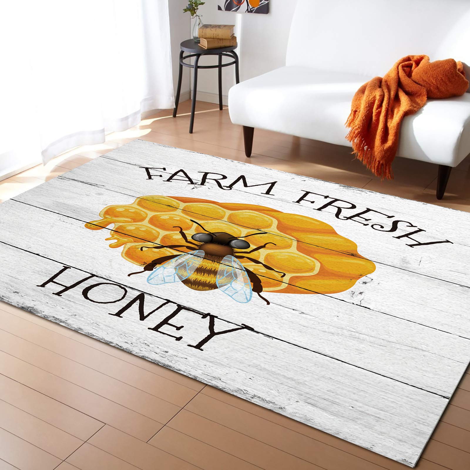 Seven Roses 5' x 8' Non-Slip Rectangular Area Rug with Rubber Backing - Honeycomb Design for Living Room, Bedroom, Kitchen | Rustic Home Decor, Perfect for Farmhouse Style & Drone Hive Honey Farm Floor Mat
