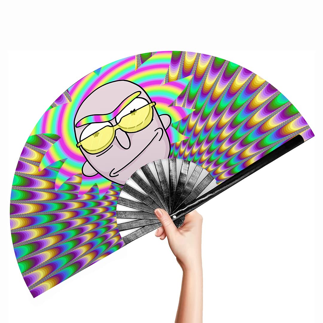 33cm Folding Rave Fan - Trippy Rick Design - Loud Clacking Bamboo Festival Fan for Dancing, Clubs, Performances & Events | Perfect for EDM Concerts, Raves & Outdoor Festivals