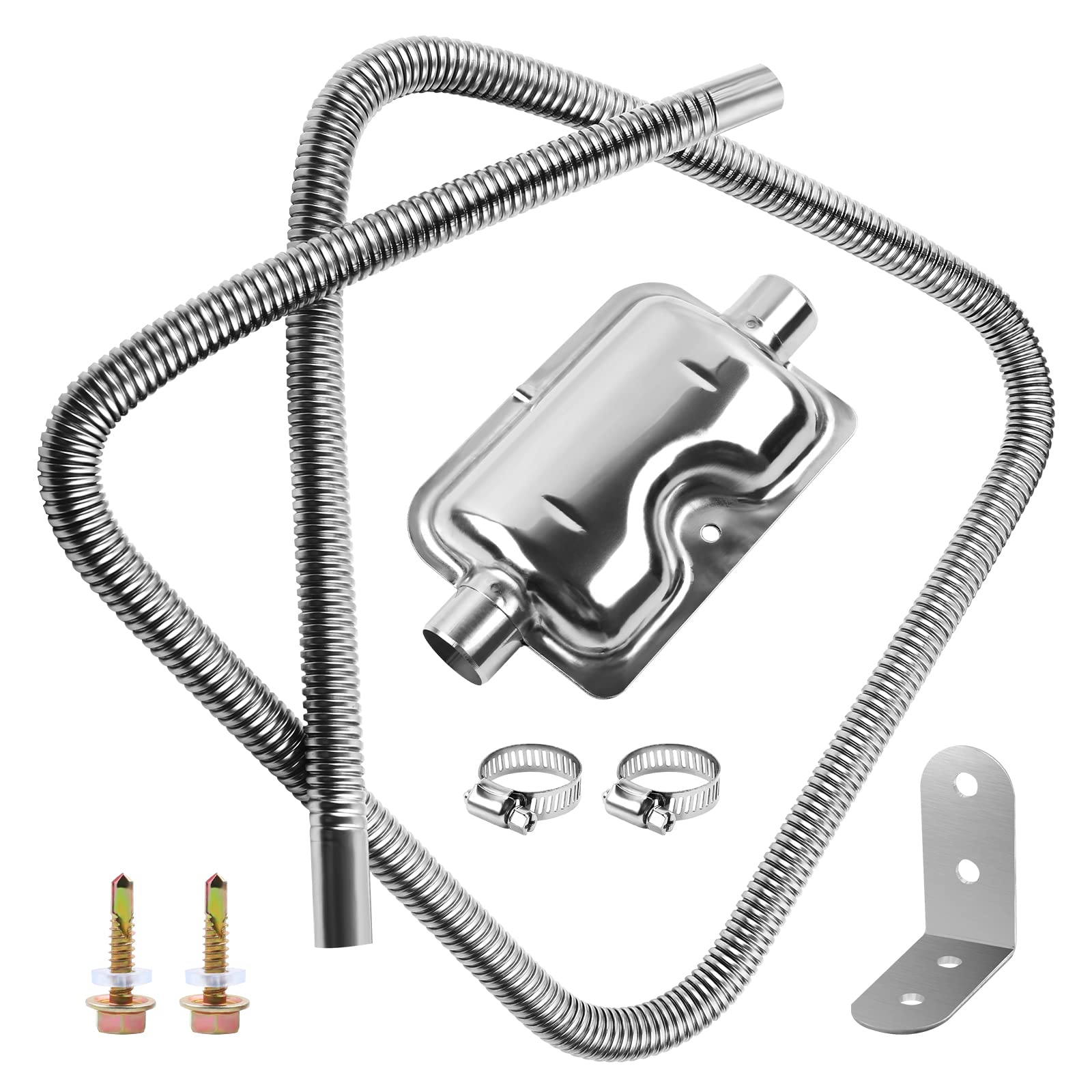 Diesel Heater Exhaust Pipe Kit - 200cm Stainless Steel with Muffler & Clamps, 1