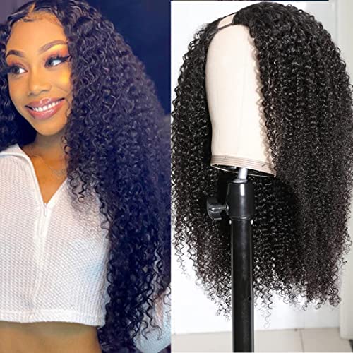 Klaiyi Afro Kinky Curly U Part Wigs Human Hair - Brazilian Virgin Curly Wigs for Women | Glueless Full Head Clip-in Half Wig | 150% Density Natural Color | 16 Inch Full & Fluffy | Perfect for Daily Wear, Parties & Protective Hairstyles
