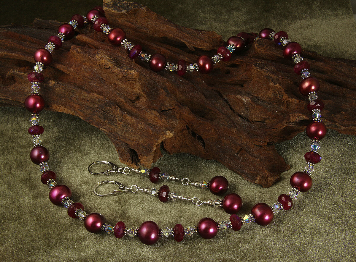 Ruby Moonstone Gemstone Pearl Jewelry Set - Elegant Necklace & Earrings for Women, Perfect for Weddings, Parties & Special Occasions