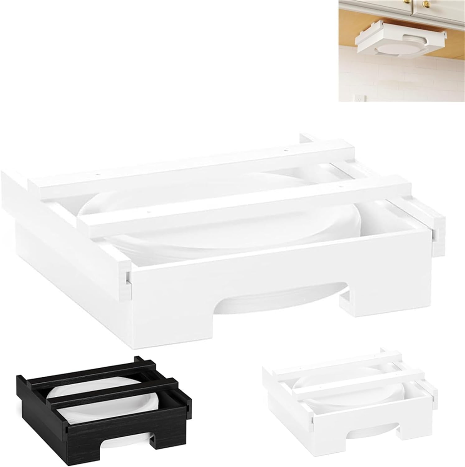 Bamboo Under Cabinet Paper Plate Holder Dispenser - 8.5 Inch White Organizer for Kitchen, Party & Camping Use