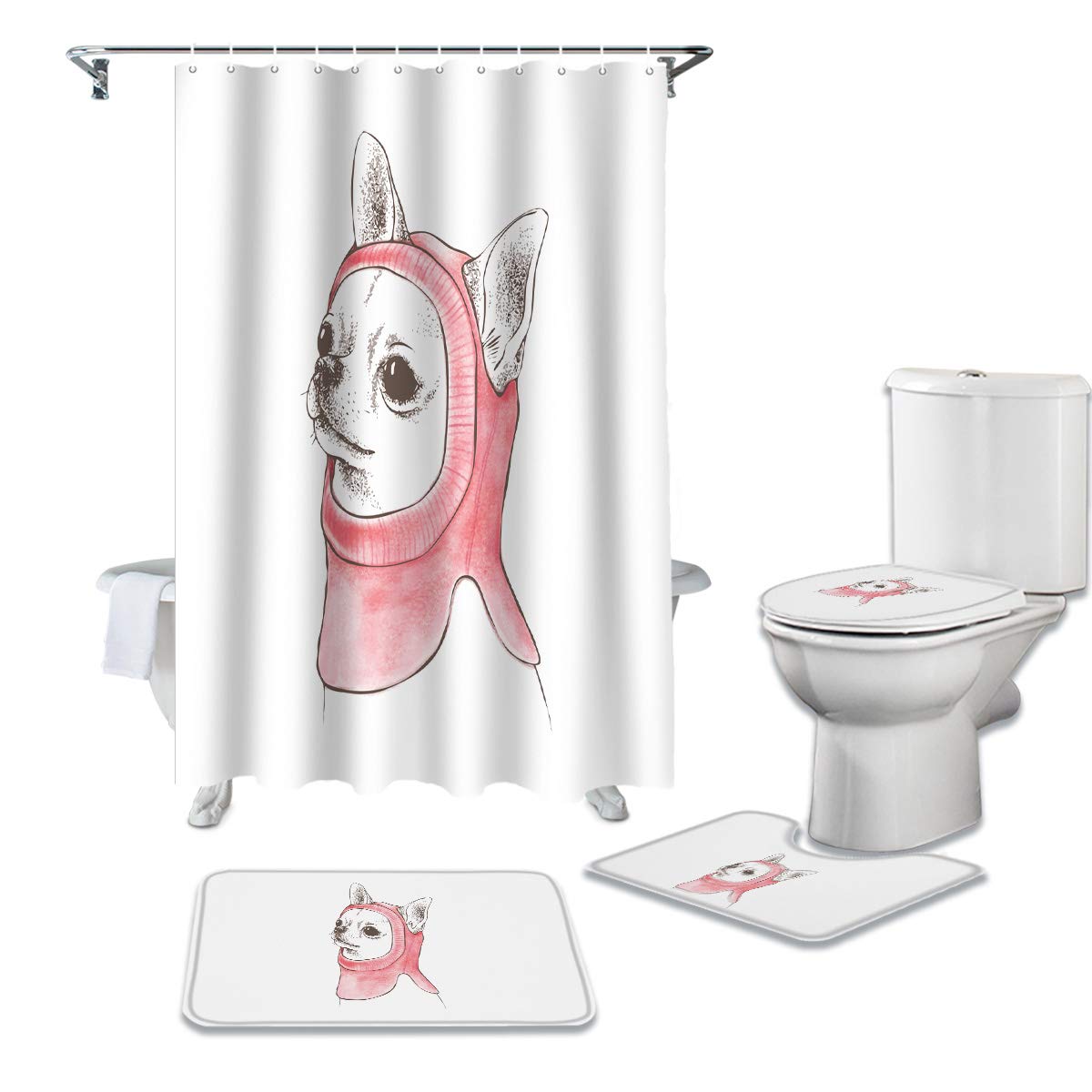 4-Piece Luxury Bathroom Shower Curtain Set with Matching Rug & Toilet Lid Cover - Waterproof Fabric with 12 Hooks, Chihuahua Dog Knit Hat Design - Perfect for Hotels, Home Bathrooms & Pet Lovers
