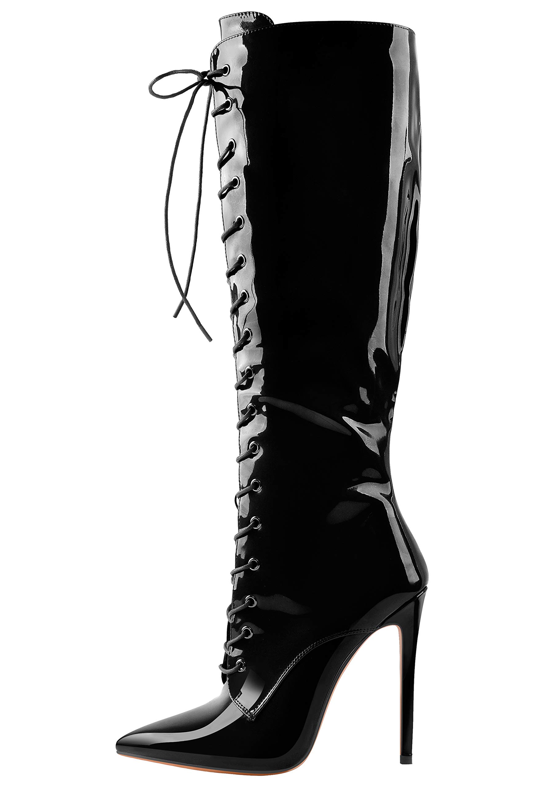 OnlyMaker Women's Pointed Toe Knee High Stiletto Boots - Sexy Lace Up & Side Zipper PU Leather Long Boots for Party, Night Out & Fashion Outfits