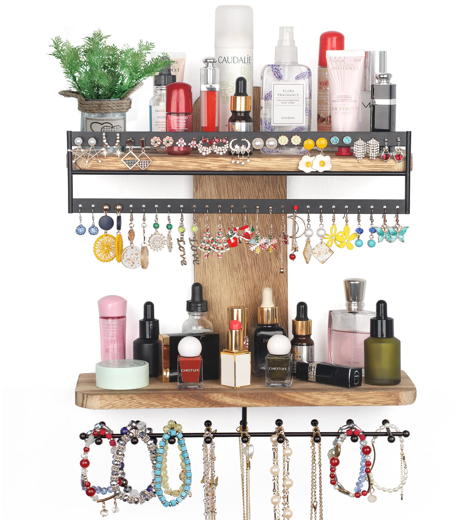 SOLIMINTR Rustic Wood Wall Mounted Jewelry Organizer with Rod - Double-Layer Hanging Storage Shelves for Necklaces, Earrings, Bracelets & Rings | Carbonized Black | Perfect for Bedroom, Bathroom & Closet Organization