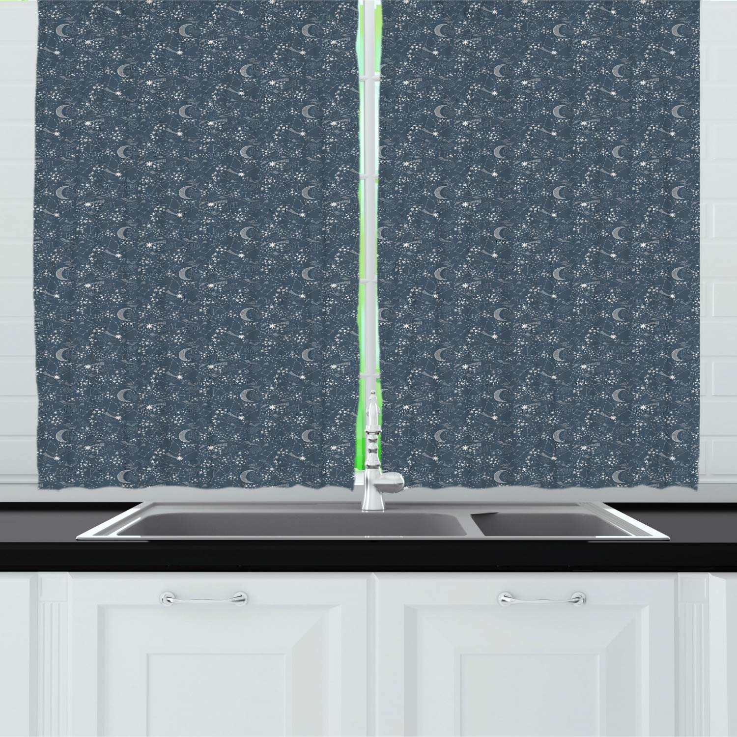 Ambesonne Astronomy Long Kitchen Curtains - Hand Drawn Crescent Moon, Stars & Constellation Design - Celestial Chart Comet Print - 55