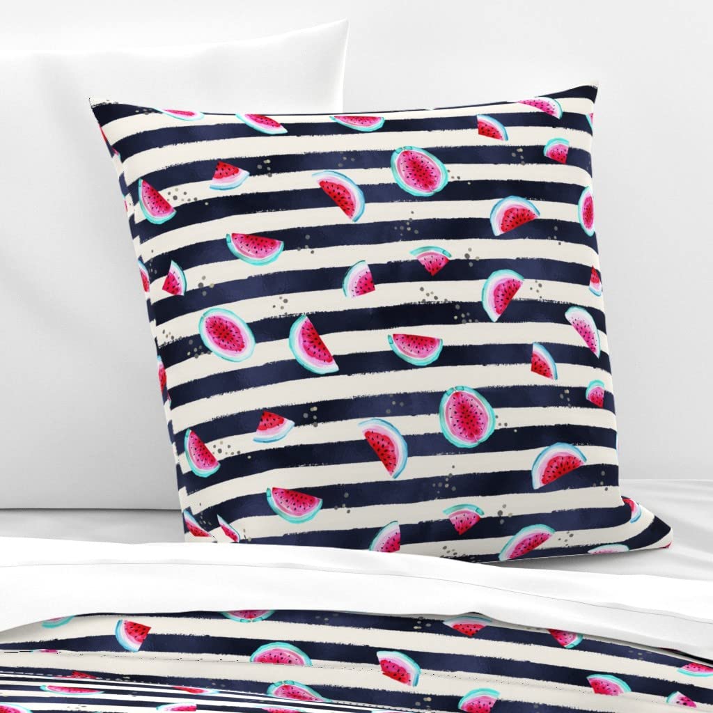 Watermelon Stripe Navy Summer Fruit Print Cotton Sateen Euro Sham by Spoonflower - Custom Bedding for Summer Decor & Coastal Themed Bedrooms