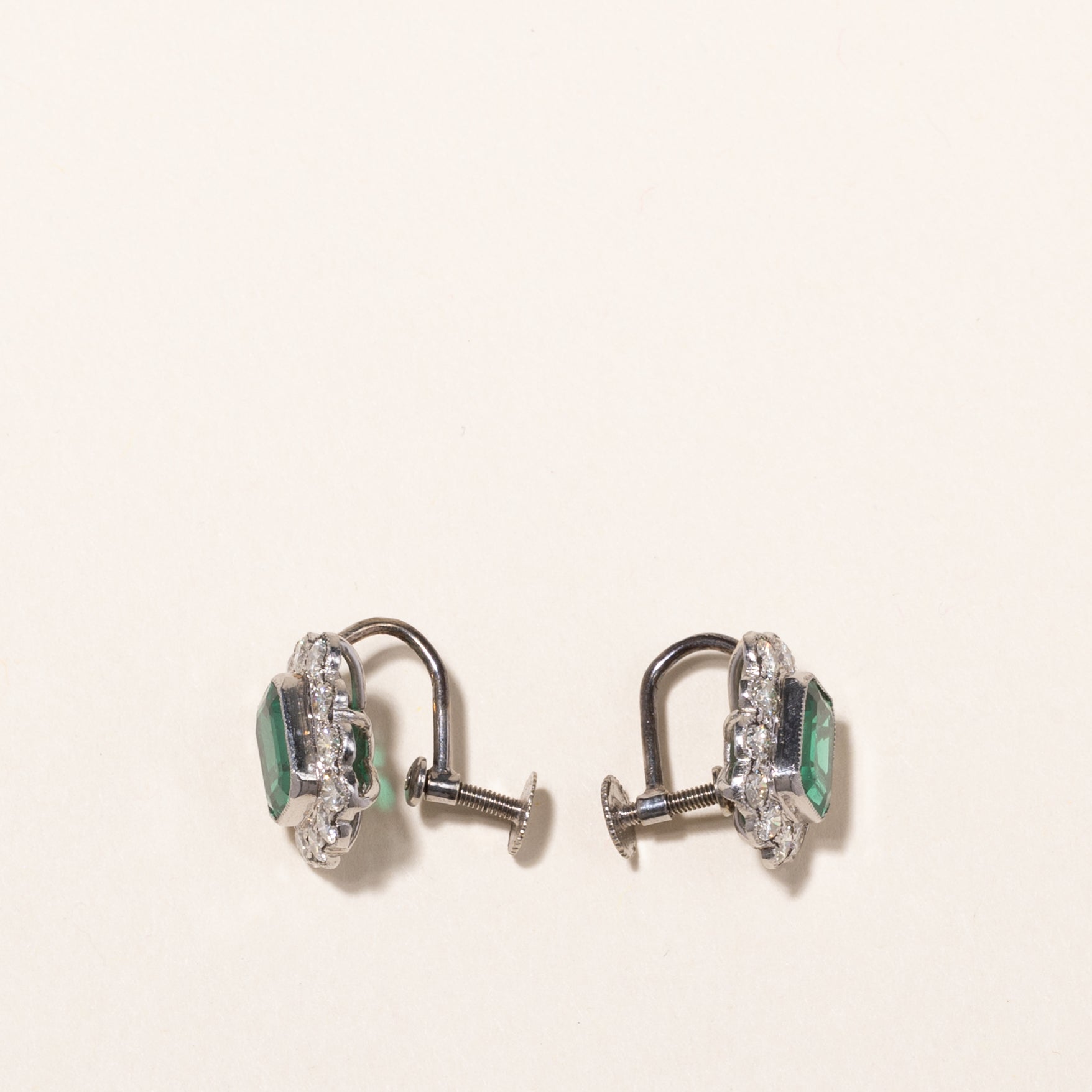 Platinum Synthetic Emerald and Diamond Stud Earrings | 3.28ctw Emerald, 1.33ctw Diamond | 1.2x1.3cm Elegant Jewelry for Wedding, Anniversary & Special Occasions