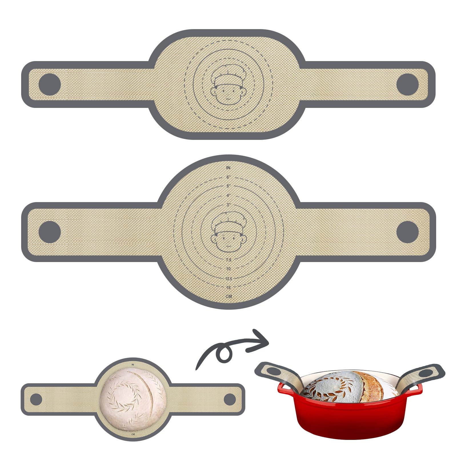 Non-Stick Silicone Bread Sling for Dutch Oven - Oval & Round Reusable Sourdough Baking Mat with Long Handles, Easy to Clean & Transfer Bread (Grey) - Perfect for Artisan Bread, Homemade Sourdough & Dutch Oven Baking