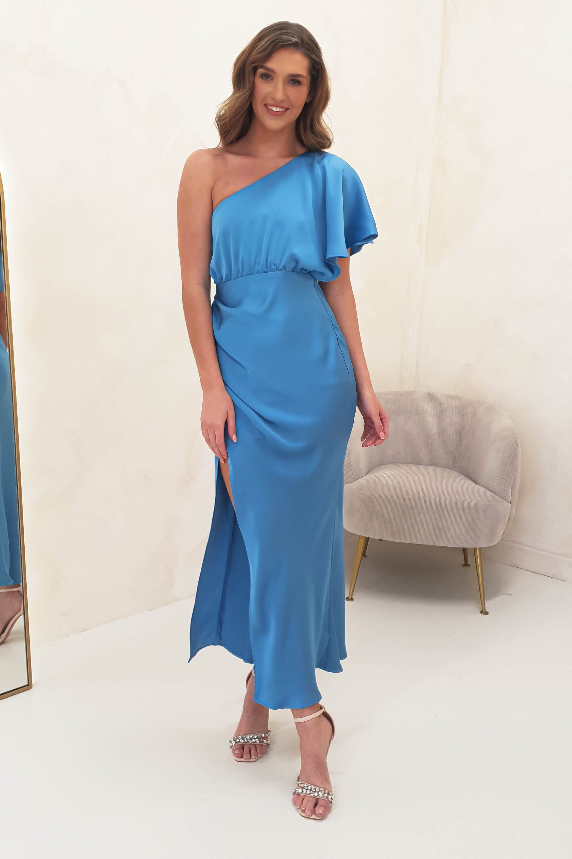 Jenna Soft Satin One Shoulder Maxi Dress in Blue | Elegant Formal Gown for Weddings, Prom & Evening Events
