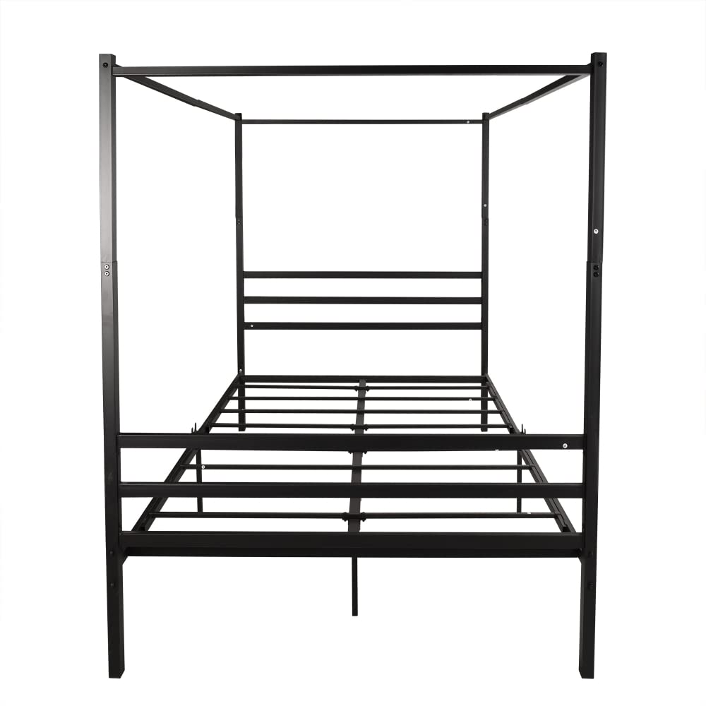 Black Queen Size Canopy Metal Bed Frame with Headboard & Mattress Foundation - Sturdy Platform Bed with Metal Slats for Bedroom, Guest Room, Dorm
