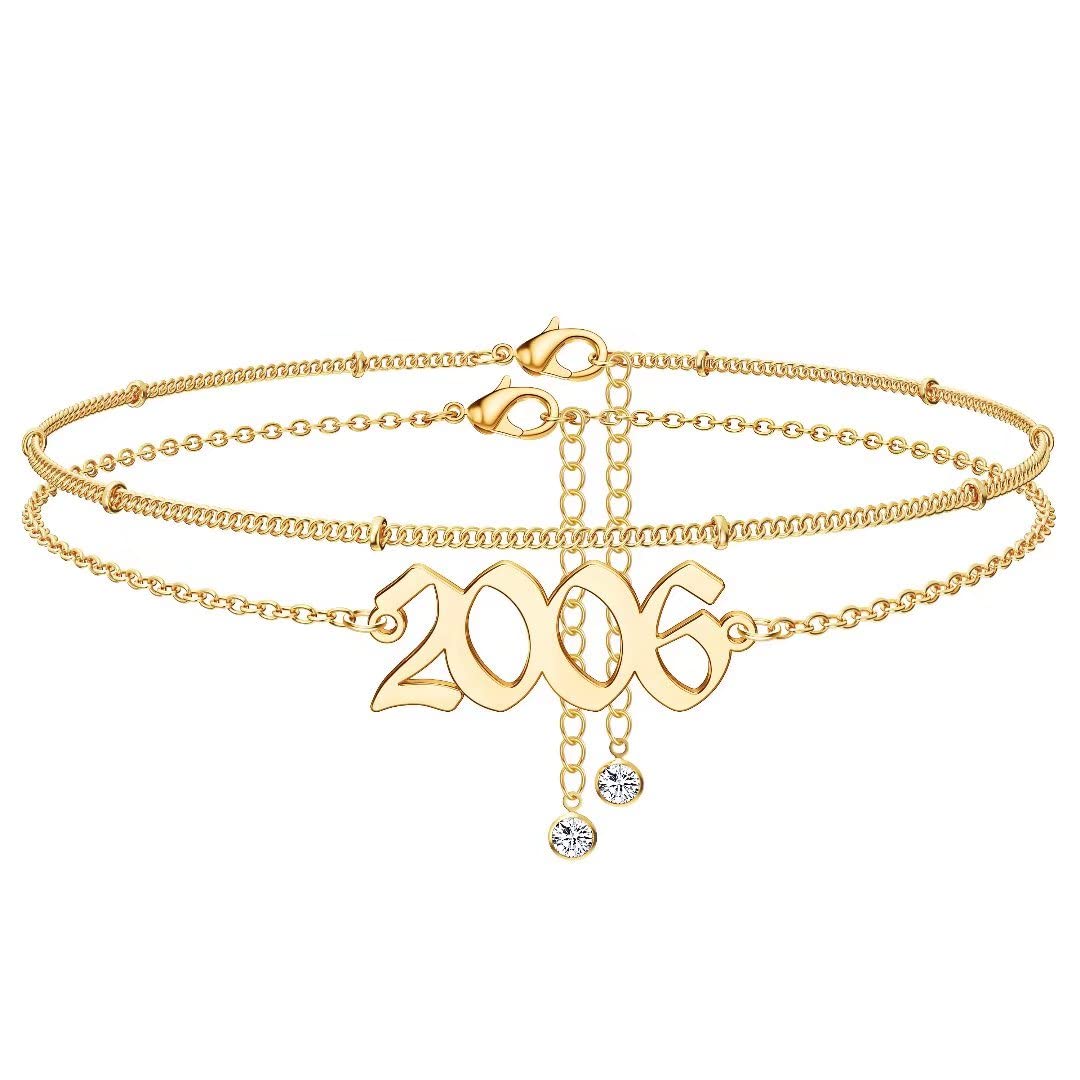 14K Gold Plated Birth Year Anklet - Women's Dainty Ankle Bracelet for Beach & Anniversary Gifts
