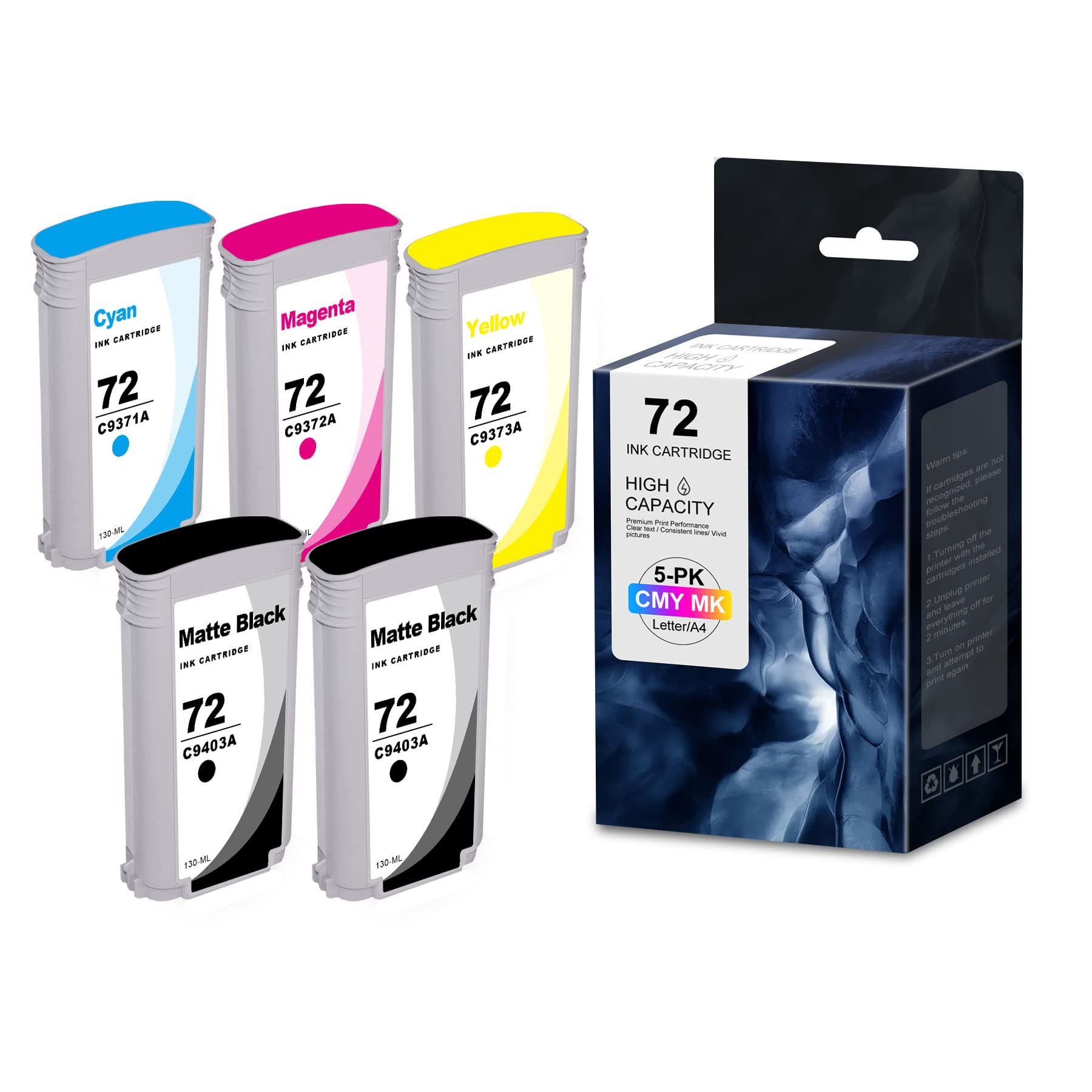 5-Pack HP C9403A C9371A C9372A C9373A 72 Ink Cartridge Replacement for HP T795 T1100 T2300 T610 T620 T1120 SD-MFP Printers (2 Matte Black + 1 Cyan + 1 Magenta + 1 Yellow) - High-Quality Printer Ink for Office & Home Printing - Sold by CoperInk