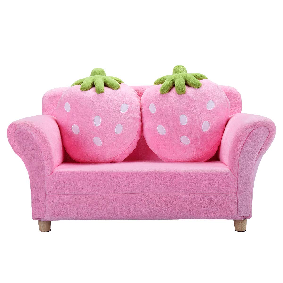Kids Double Sofa Chair with 2 Strawberry Pillows - Soft Upholstered Solid Wood Armrest Couch for Playroom & Bedroom - Pink Children's Furniture for Reading Nook, Play Area, and Relaxation Space