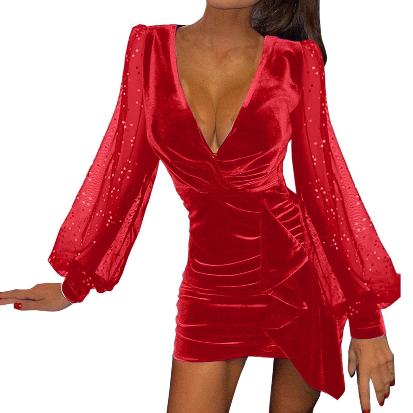 AIHOU Women's Velvet Vintage Sexy Deep V-Neck Long Sleeve Ruched Wrap Bodycon Mini Dress for Party, Evening, Date Night & Special Occasions