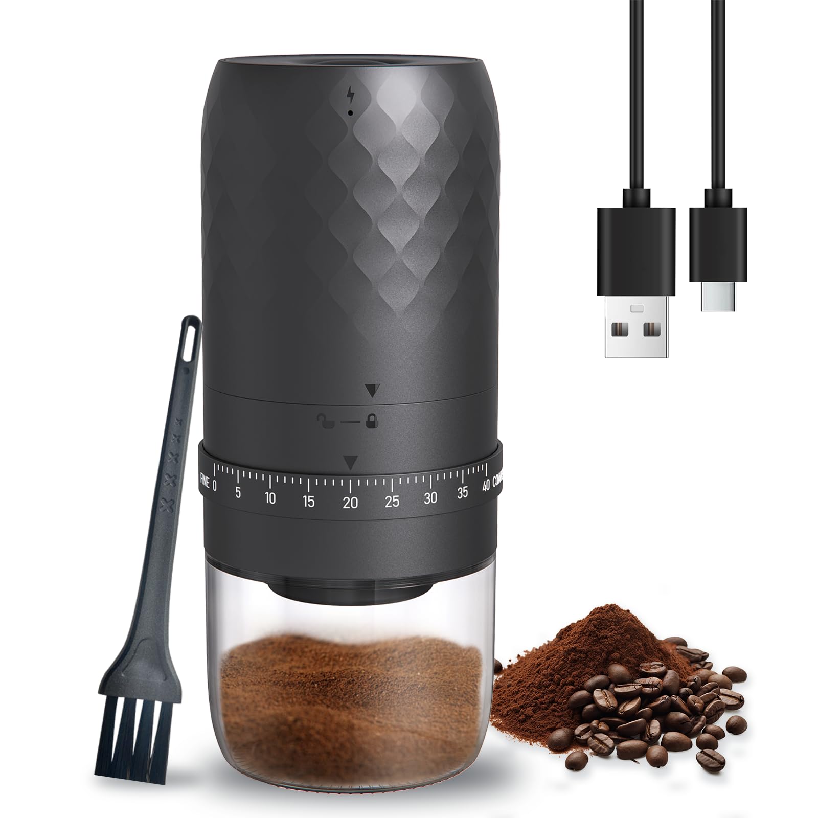 1 PC Portable Electric Burr Coffee Grinder with 40 Adjustable Settings - Rechargeable Mini Coffee Bean Grinder for Espresso, French Press & Drip Coffee - Perfect for Home, Office & Travel (Black)