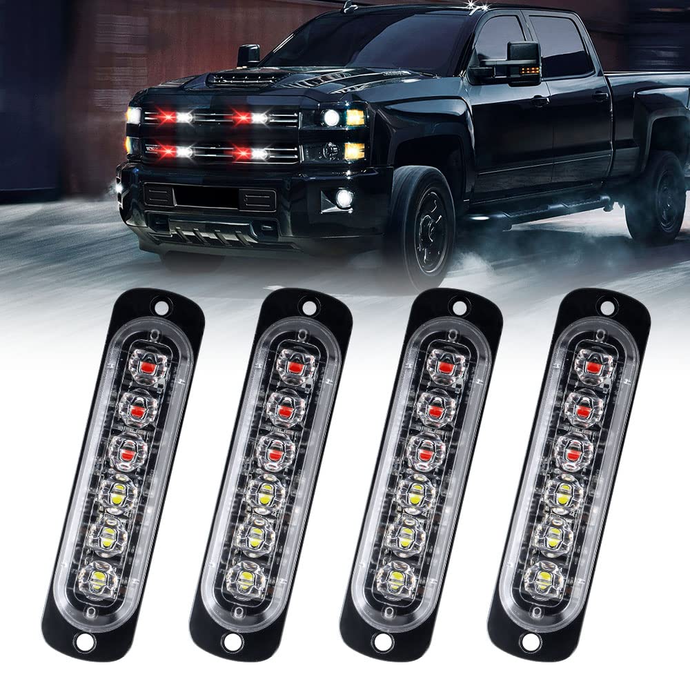12-24V Ultra Thin Super Bright Red & White LED Strobe Lights for Trucks - 4Pcs Automotive Emergency Strobe Lights for Vehicles, Construction Trucks & Work Safety (Perfect for Roadside Emergencies, Night Work Zones & Vehicle Visibility)