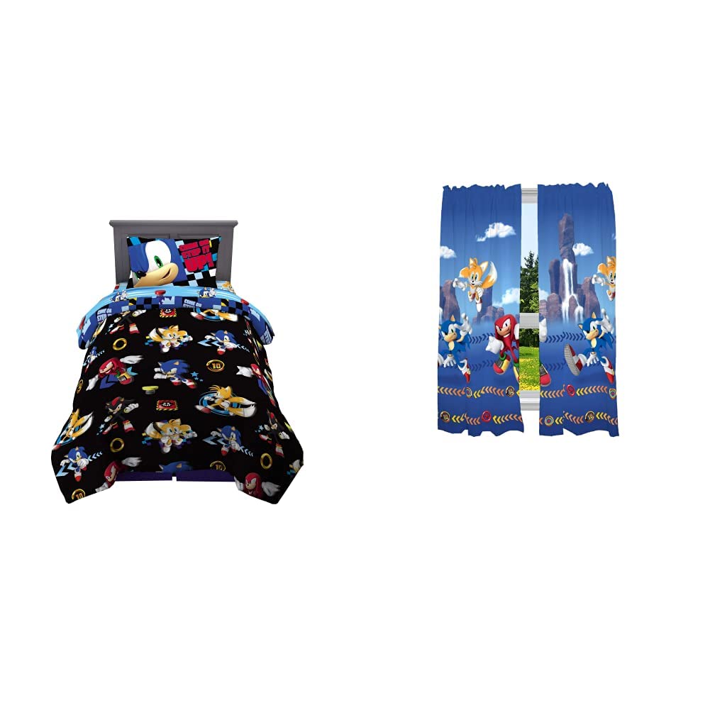 Sonic The Hedgehog Twin Size 4-Piece Kids Bedding Set - Super Soft Comforter & Sheet with Matching 82x63 Inch Window Curtain Panels | Perfect for Boys' Bedroom Decor, Themed Sleepovers & Gaming Room Accessories