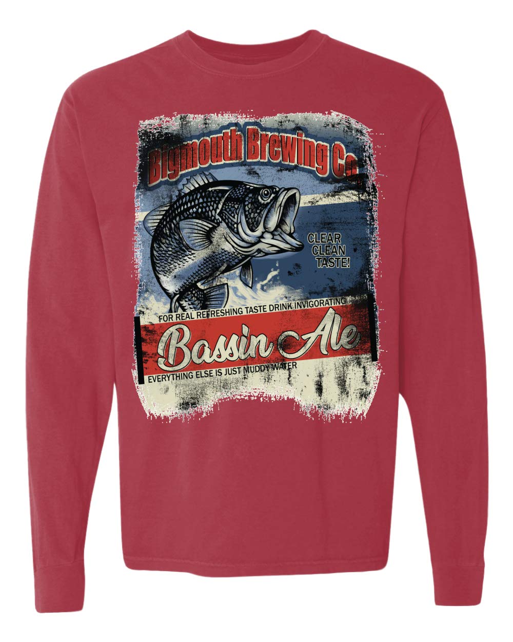 BigMouth Brewing Co. Bassin Ale Fishing Long Sleeve T-Shirt - Garment-Dyed Washed Look - Perfect for Outdoor Fishing, Camping & Casual Wear