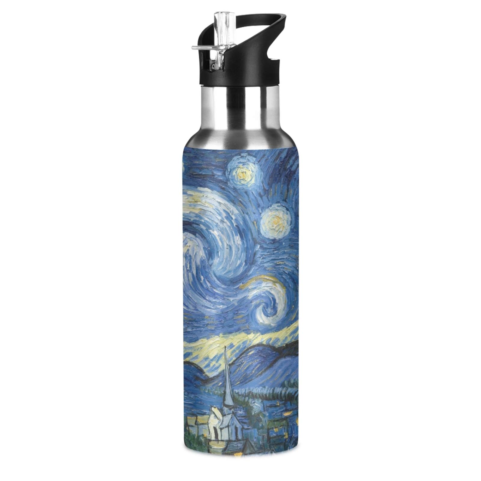 WELLDAY Van Gogh The Starry Night Stainless Steel Water Bottle - 20oz Double Wall Vacuum Insulated Flask with Straw Lid - Perfect for Travel, Gym & Outdoor Activities