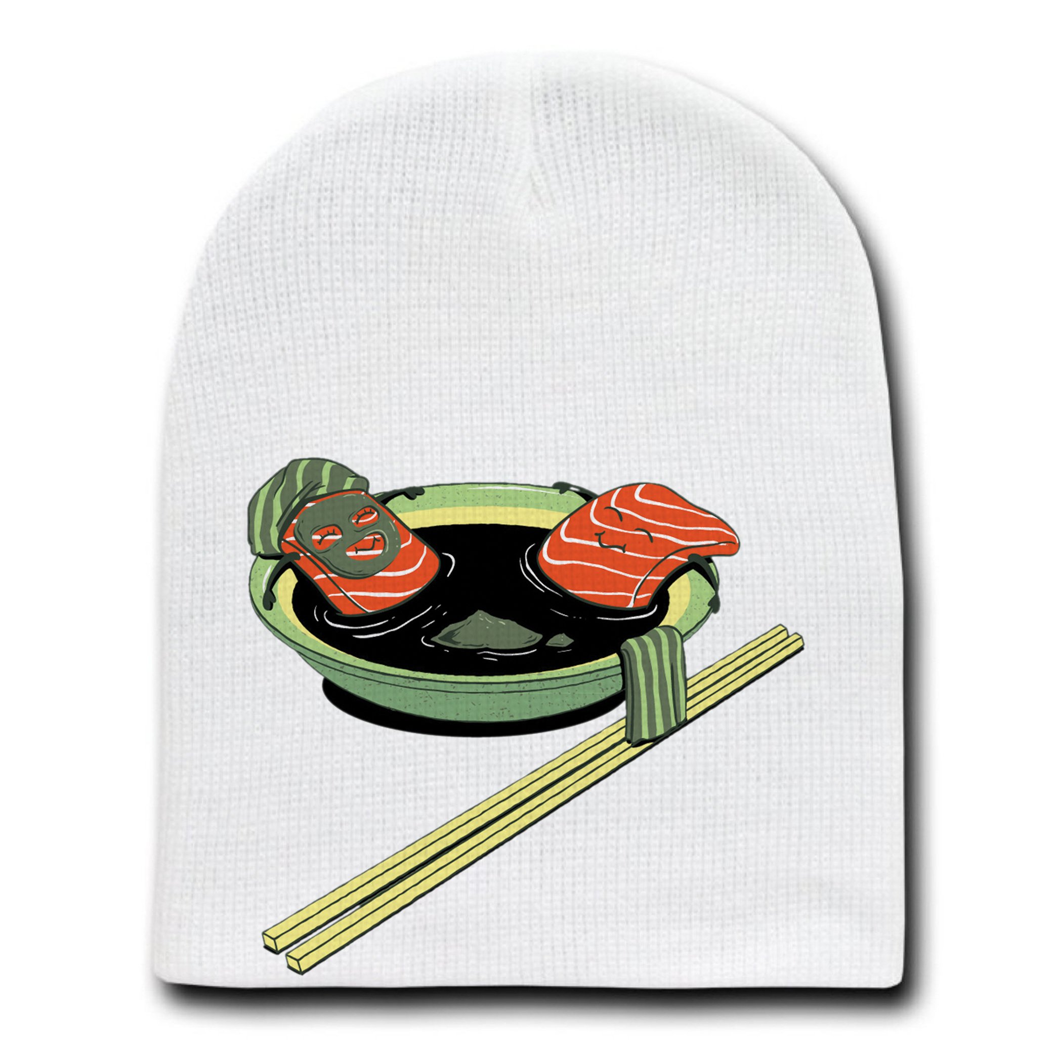 Salmon Spa Food Bathing in Soup with Chopsticks - White Beanie Skull Cap Hat for Cosplay, Anime Lovers & Winter Fashion