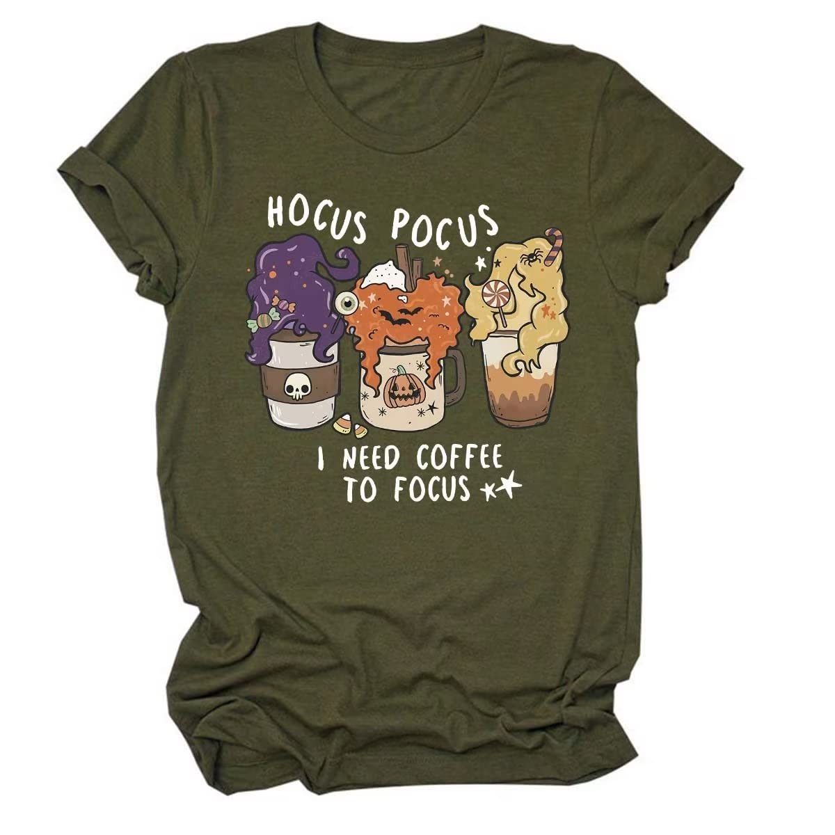Funny Halloween Coffee Skeleton T-Shirt for Women - I Need Coffee to Focus Graphic Tee, Cute Pumpkin Coffee Lover Shirt | Perfect for Halloween Parties, Coffee Dates & Spooky Season Outfits