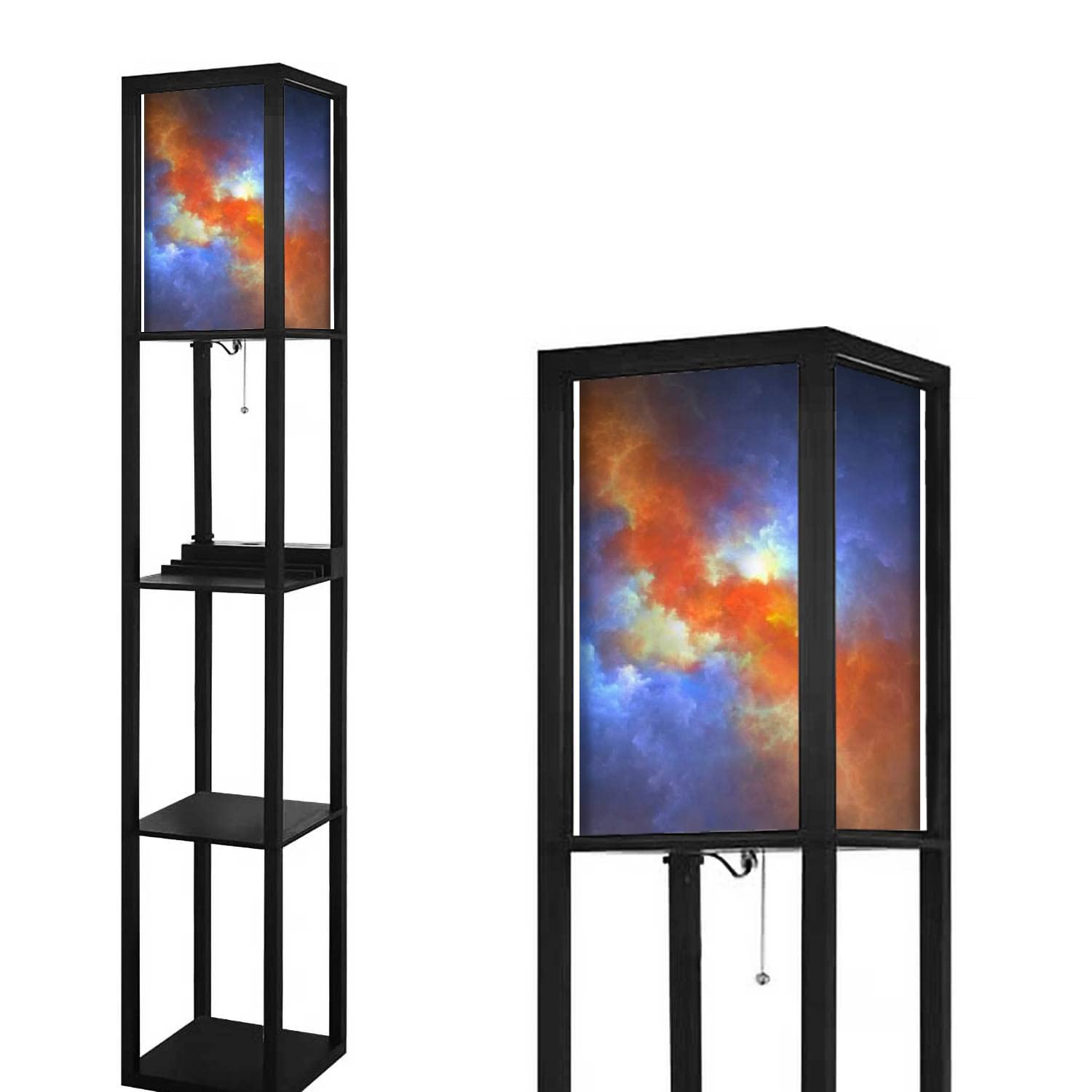 Modern Thunderclouds Floor Lamp with Shelves, USB Port & Outlet - Adjustable Linen Lampshade Corner Standing Lamp for Living Room, Bedroom, Office - Tall Reading Light with Storage Space & Charging Station