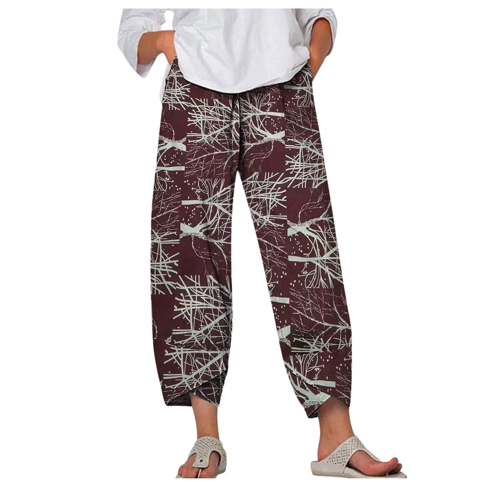 Women's Linen Pant Suits - Wide Leg Printed Linen Trousers with Elastic Waist | Comfortable Cotton Cargo Pants for Casual Wear, Office, Travel & Summer Outfits
