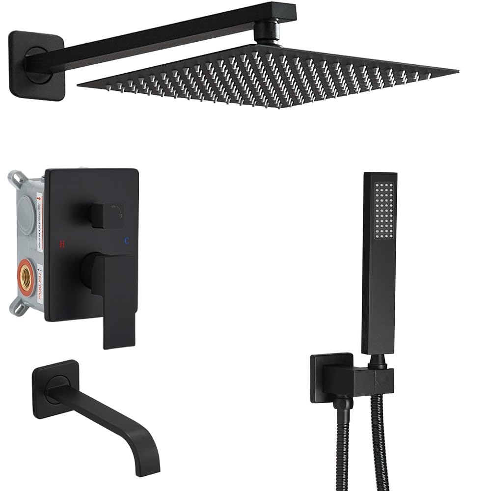 Matte Black 12 Inch Square Rainfall Shower System - Tub Shower Faucet Set with Handheld Sprayer, Rough-in Valve & Shower Mixer Combo for Luxurious Bathroom Upgrade | Perfect for Master Bath, Spa-Like Experience & Modern Home Renovation