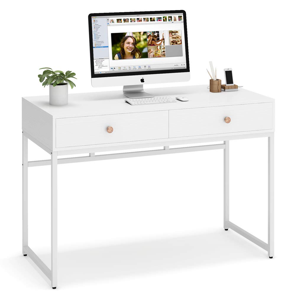 Tribesigns 47 Inch Modern Computer Desk with 2 Storage Drawers - Home Office Desk, Study Table, Writing Desk & Makeup Vanity (White) | Perfect for Small Spaces, Work from Home & Dorm Rooms