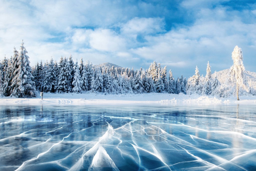 Stunning Carpathian Ukraine Mountains Cracked Ice Frozen Lake Wall Art Print - 18x12 Inches - Winter Landscape Photography Poster for Home & Office Decor