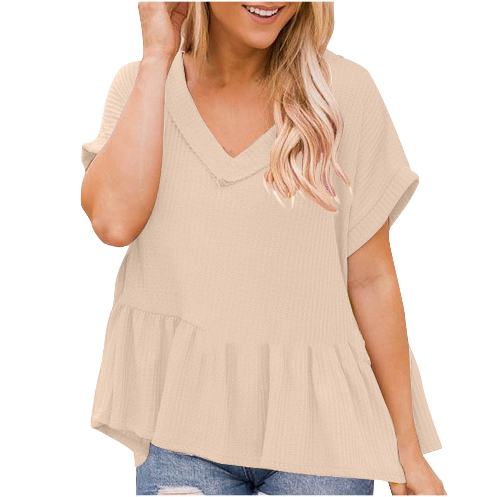 Women's Casual Summer V-Neck Ruffle Short Sleeve Blouse - Breathable Solid Color Pullover Tops for Everyday Wear, Beach Outings & Date Nights